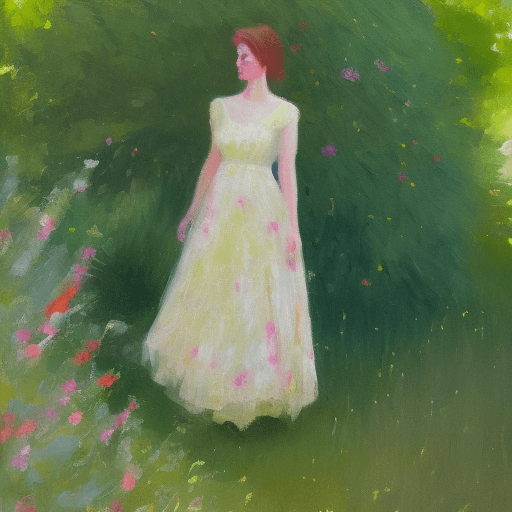 AI generated: a woman in a dress standing in front of a bush, an impressionist painting by Thomas Millie Dow, inst...