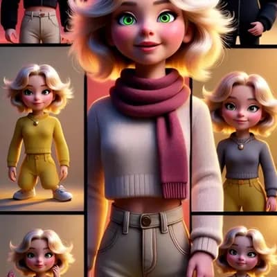 AI generated video: Ultra-detailed stylized 3D collage inspired by Pixar, same female character in 8 different aesthetic...