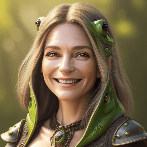 AI generated: photo d&d beautiful smiling 44 year old woman frog head photorealistic high detail