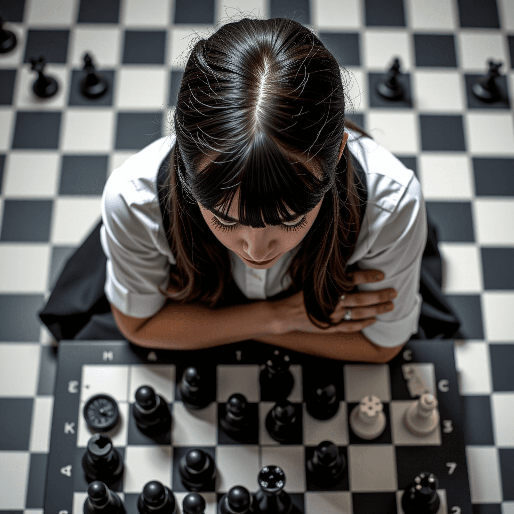 AI generated: Overhead shot, Wednesday Addams cosplay, looking down at a chessboard, strategic contemplation, shar...