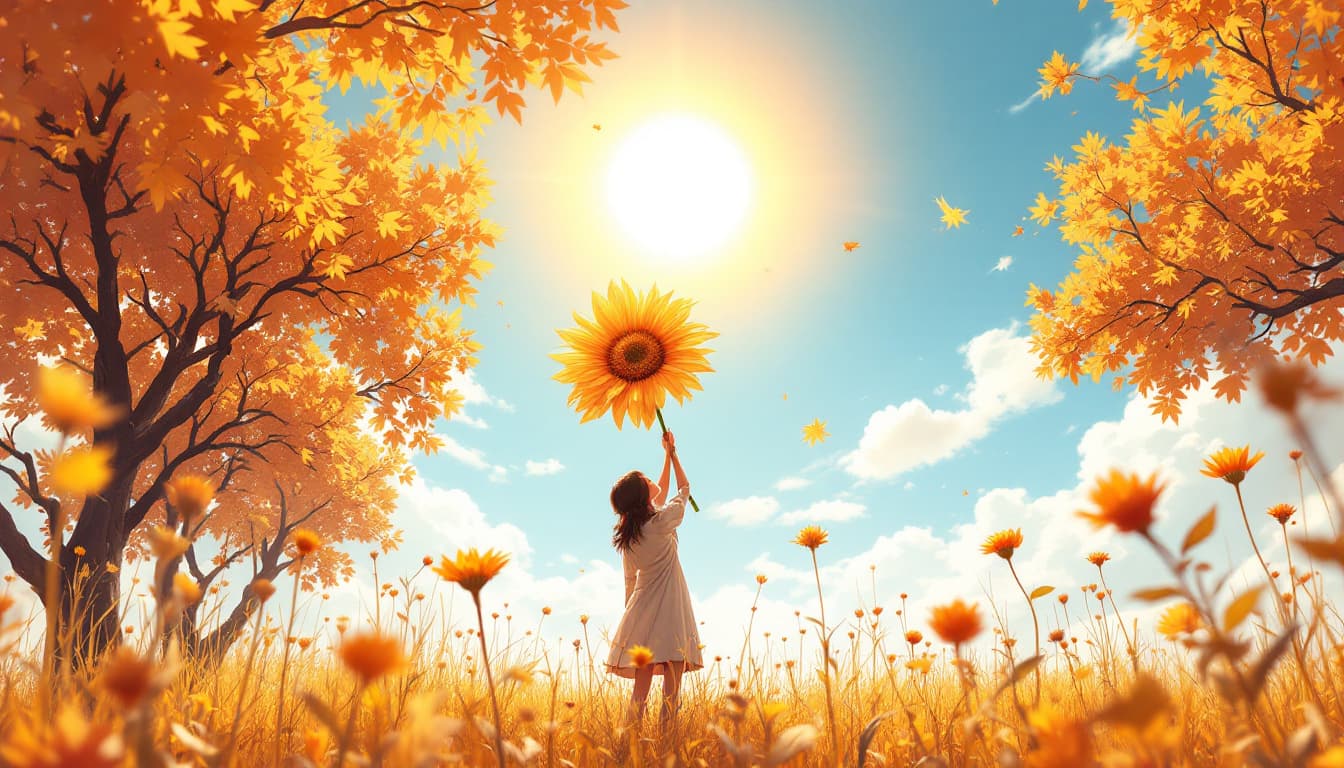 AI generated: A girl holding a huge flower, micro art, girl standing in the autumn field basking in the sun, autum...
