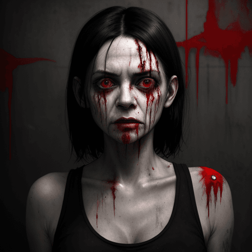 AI generated: half body, An eerie close-up shot of a decomposing woman with straight black hair looking at the cam...