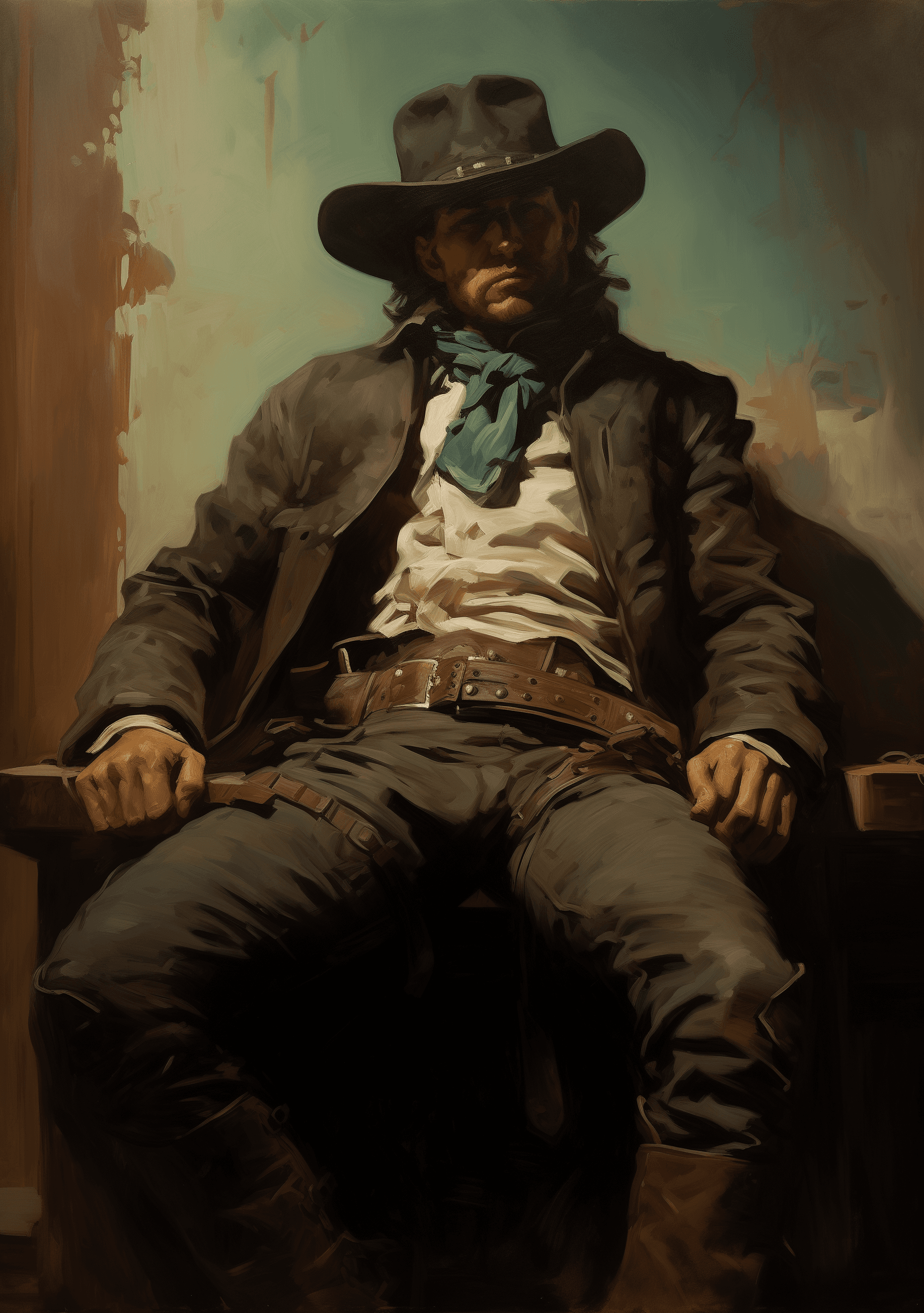 AI generated: A cowboy sits on an old wooden chair, by Frazetta, by Frank Frazetta, by Norman Rockwell, oil painti...