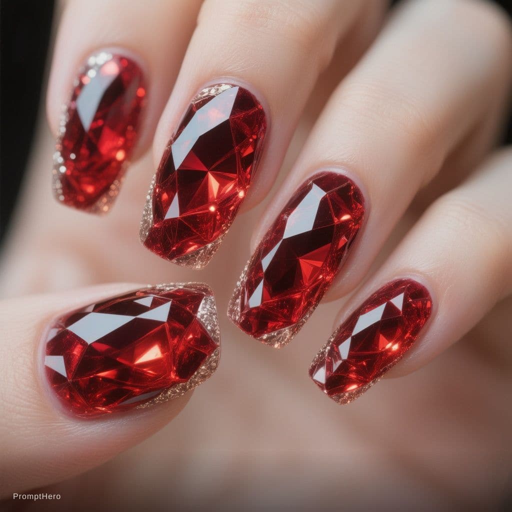 AI generated: A photorealistic luxurious nail art design inspired by radiant ruby gemstones. The nails should have...