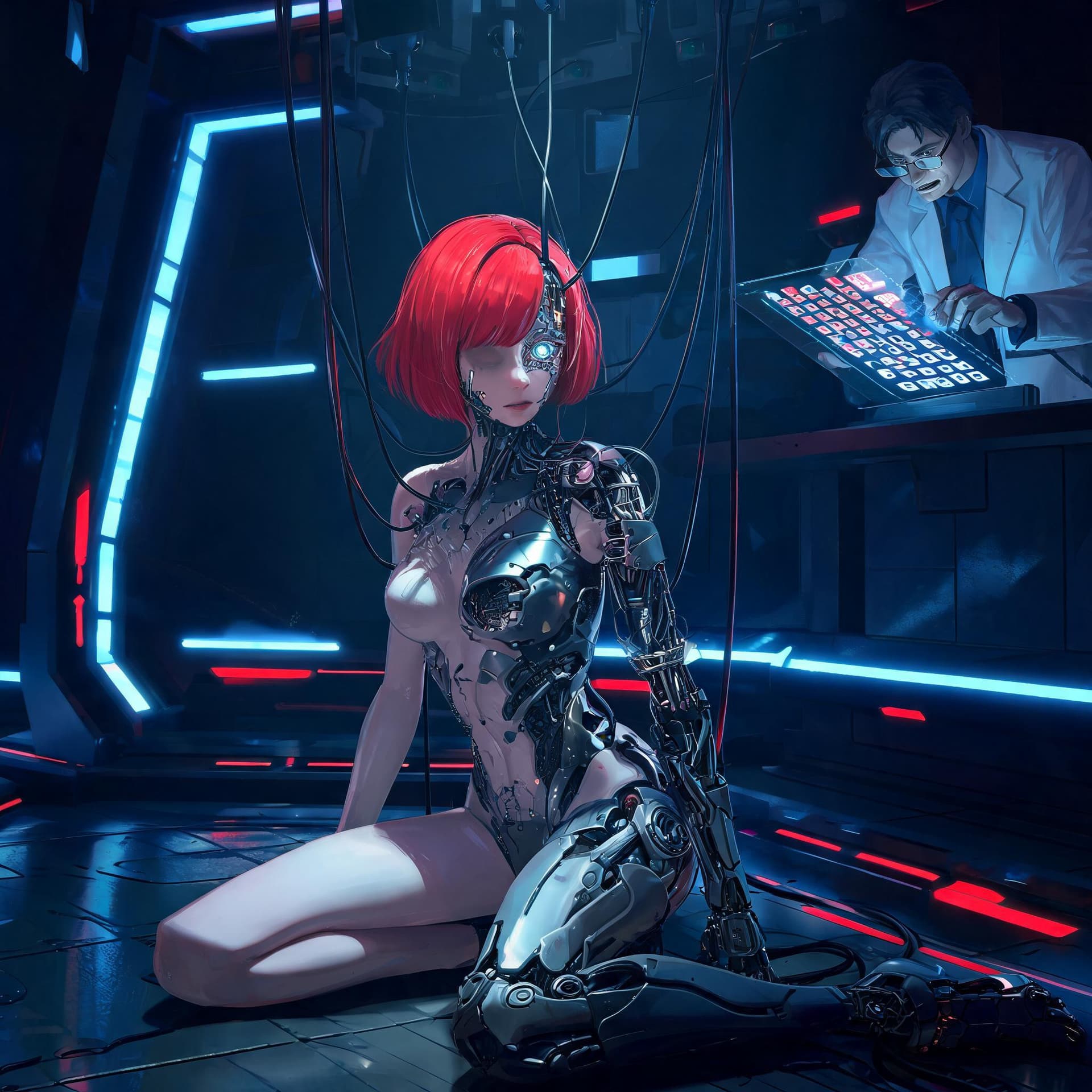 AI generated: 3d anime video game illustration of a female human cyborg with bright red short cyberpunk hair, you ...