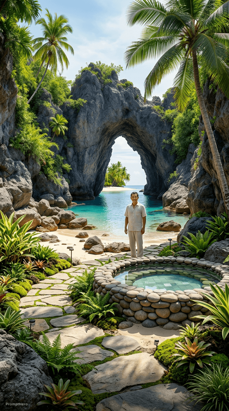 AI generated: tropical paradise with palm trees, lush greenery, a small pool, and stone pathway with a Asian man l...