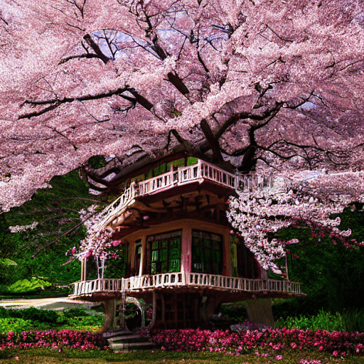 AI generated: THE CHERRY BLOSSOM TREE HOUSE :: beautiful ornate treehouse in a gigantic pink cherry blossom tree :...