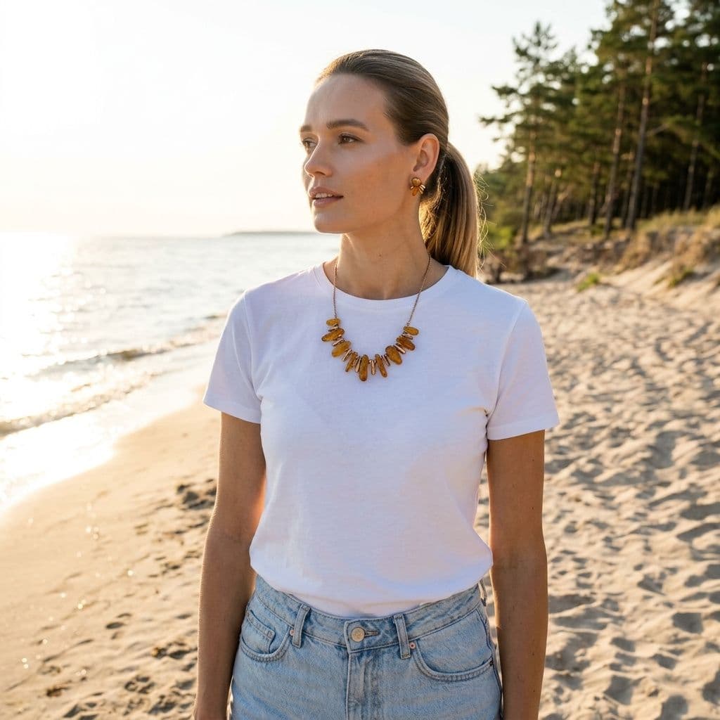 AI generated: a dark blond woman with ponytail hair slim waste, flat chest is standing in the beach, in the style ...