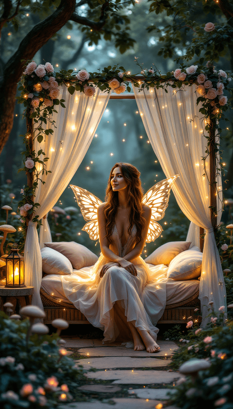 AI generated: A mesmerizing fairy with delicate, glowing wings sits gracefully on a plush outdoor bed. 