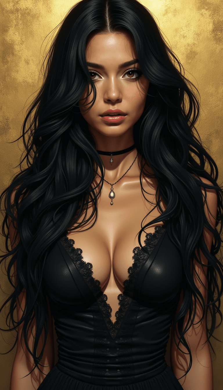 AI generated: A woman in a frontal pose with long, voluminous black hair, wearing a low-cut black dress with lace ...