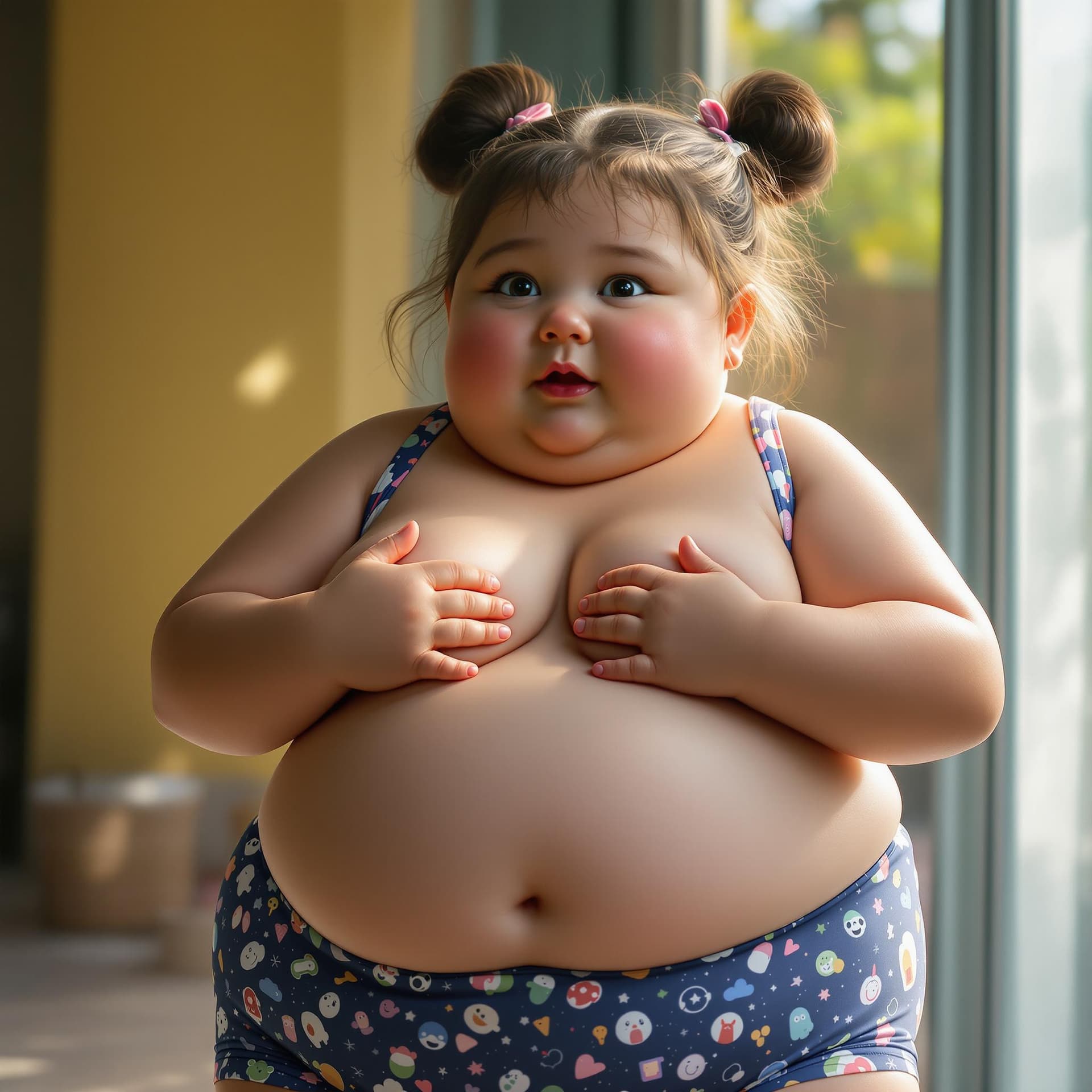 AI generated: ((1 girl, elementary school girl, cute, short, very chubby, very fat, heavyset, morbidly obese littl...
