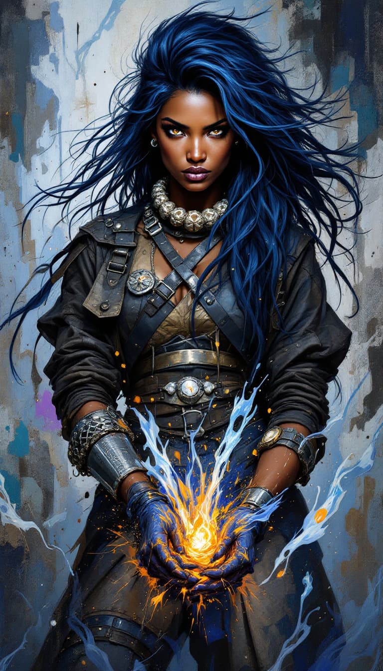 AI generated: "Indigo Sculptor in a Celestial Foundry": A powerful abstract painting captures a sculptor, with a b...