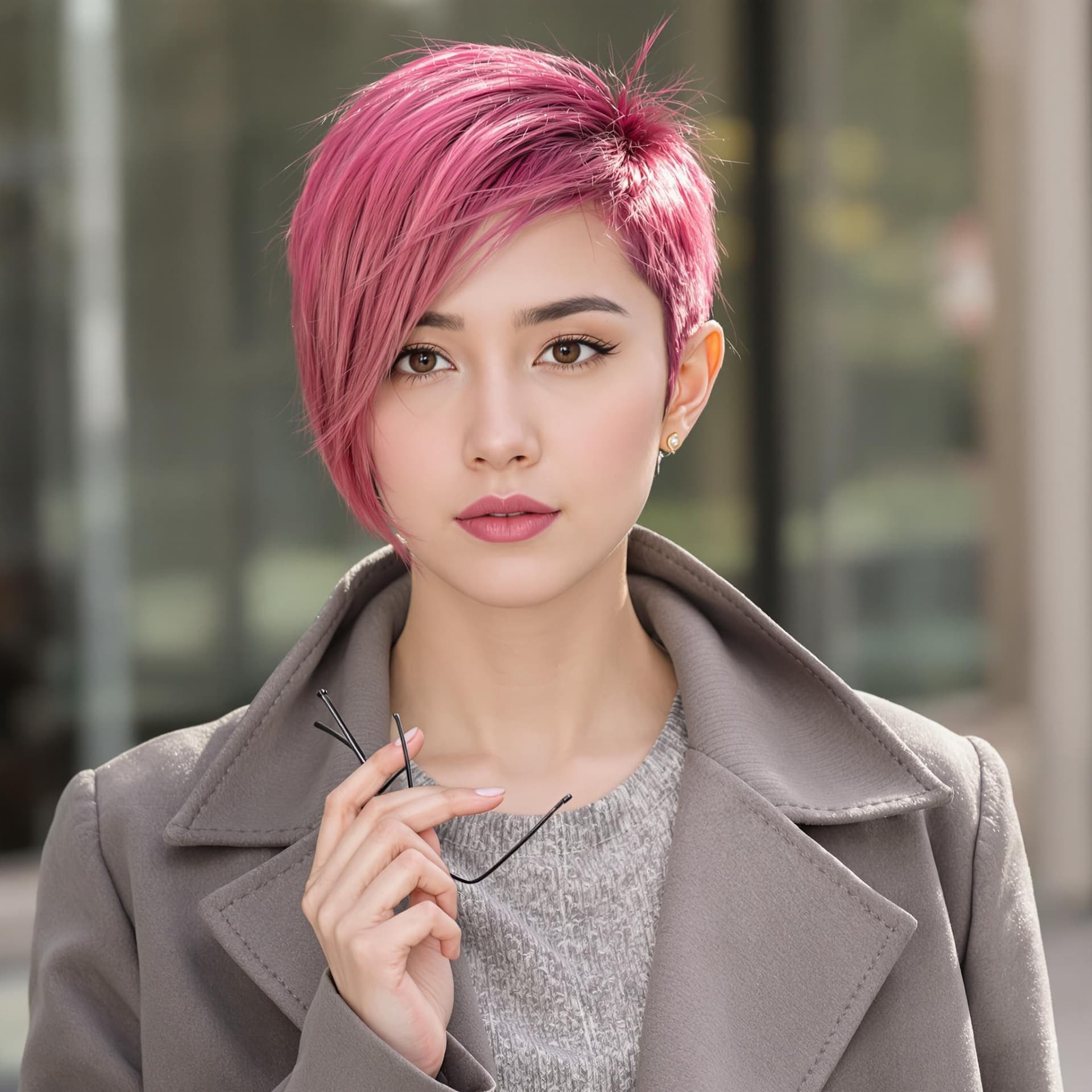 AI generated: A girl with dark pink, ultra-short hair in a sharp, edgy cut. She wears a tailored three-piece outfi...