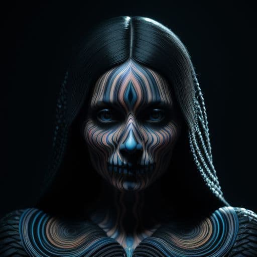 AI generated: the skull is distorted by the twists and turns of a woman with dark hair, in the style of neon impre...