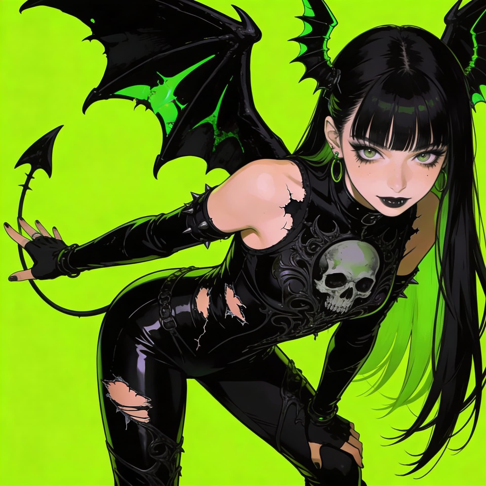 AI generated: This scene features a character with a distinct gothic and futuristic aesthetic, posed in a dynamic ...