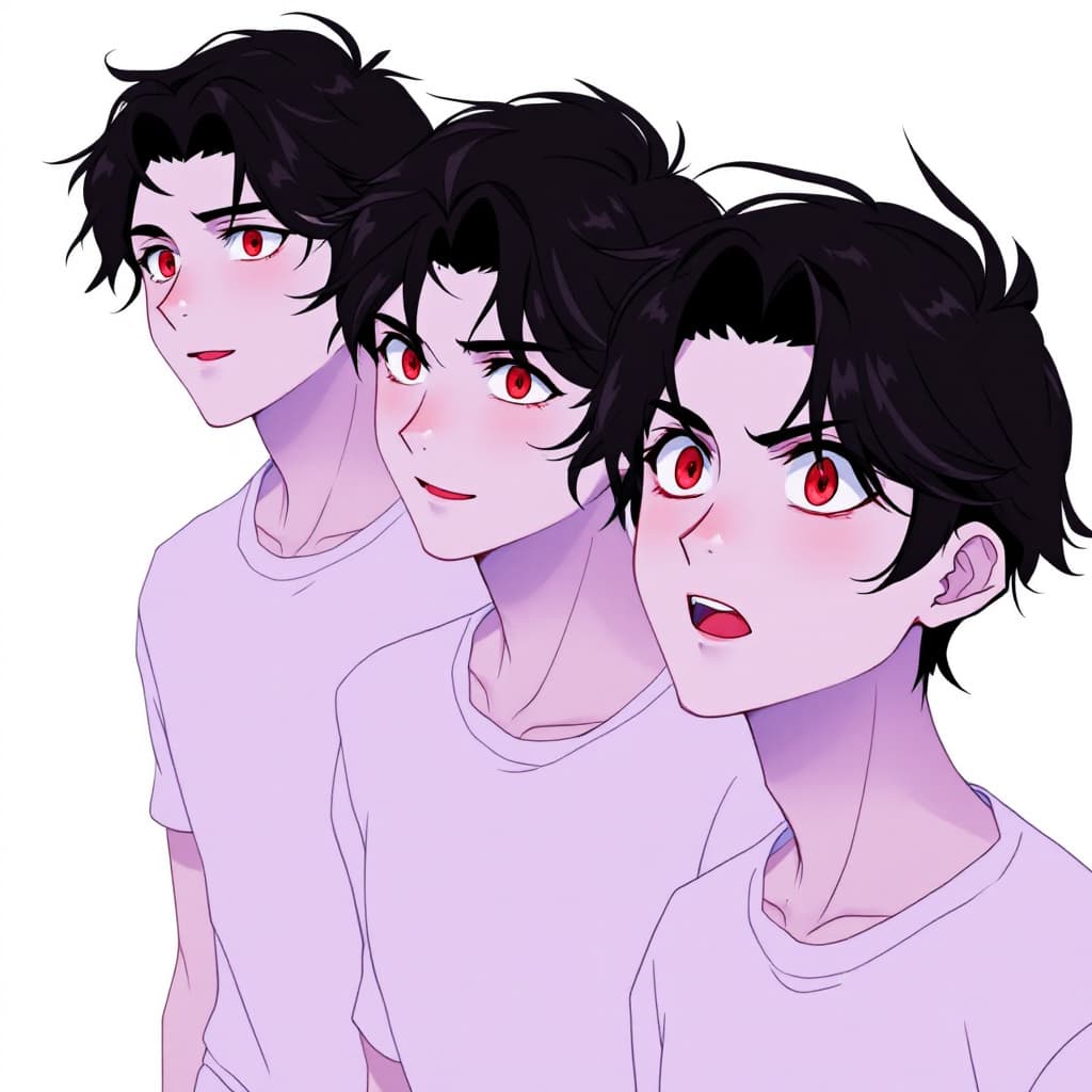 AI generated: Three versions of the same anime boy with different emotions: short wavy black hair, bright red eyes...