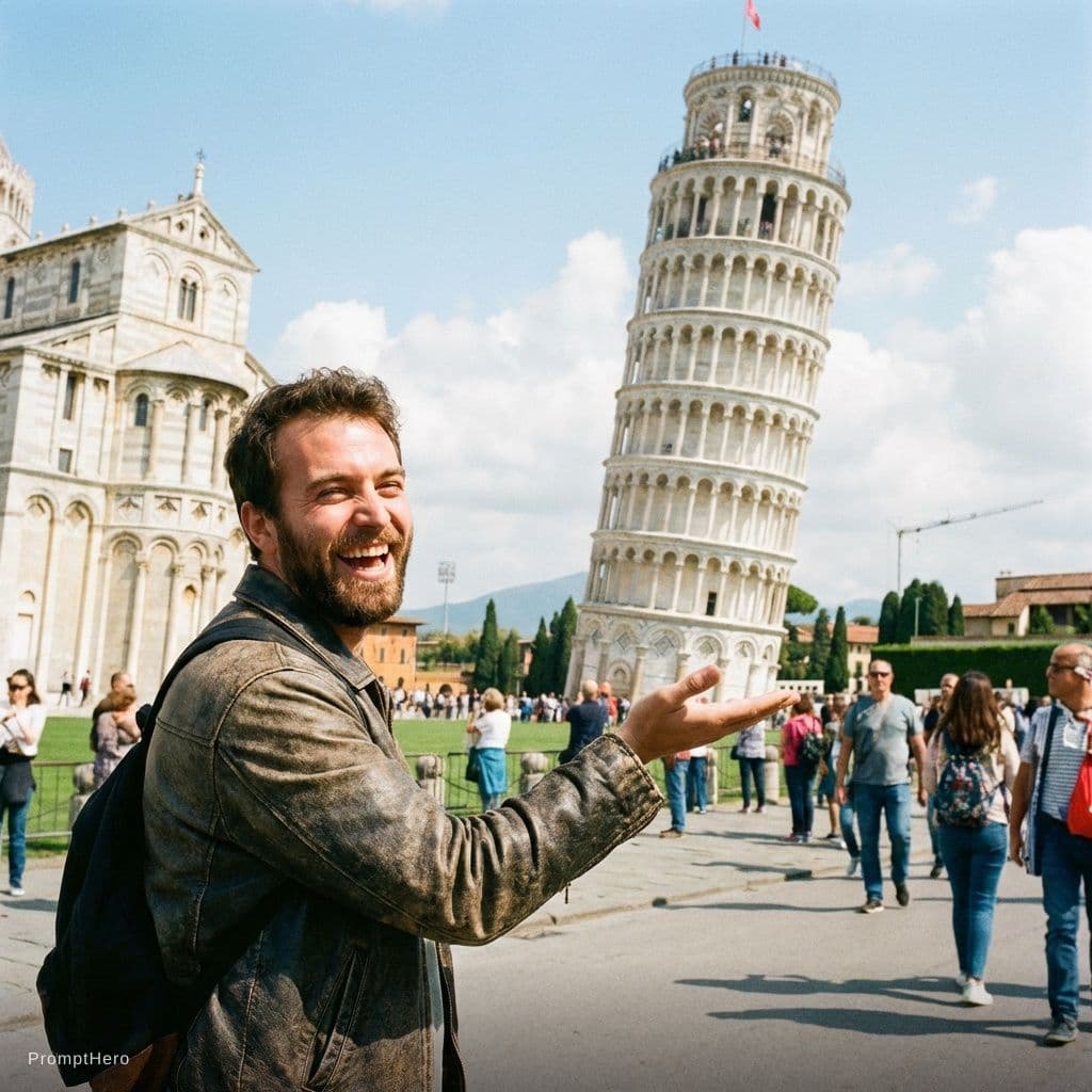 AI generated: un hombre al frente de la torres de Pisa