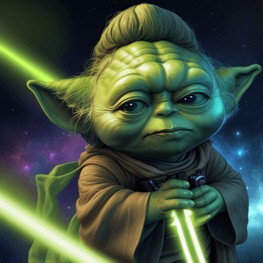 AI generated: Galaxy war, YODA in cosmos, 4k, light sword, background, happy YODA