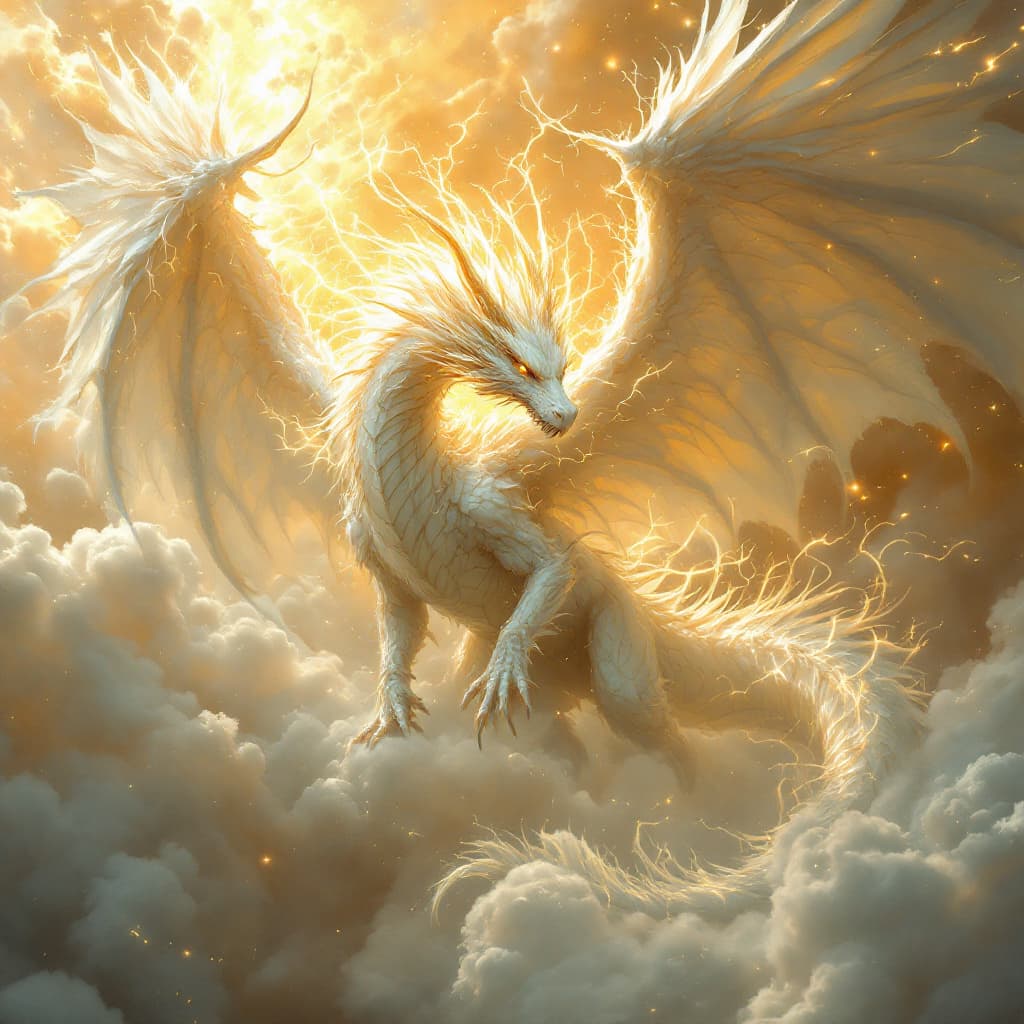 AI generated: Dragon humanoide blanco con alas de ángel, envuelto en un aura de energía y explotando