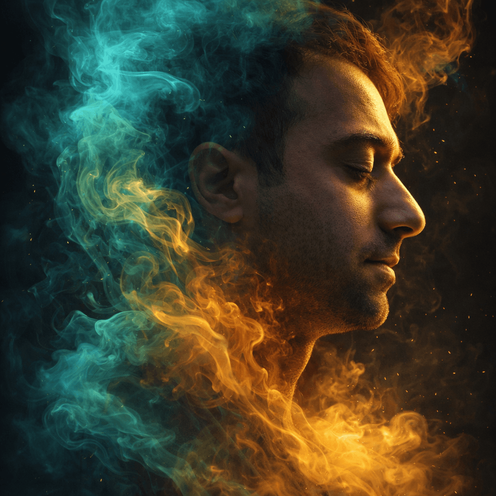 AI generated: Side profile of a man's face, immersed in intertwining plumes of vibrant teal and golden-yellow smok...
