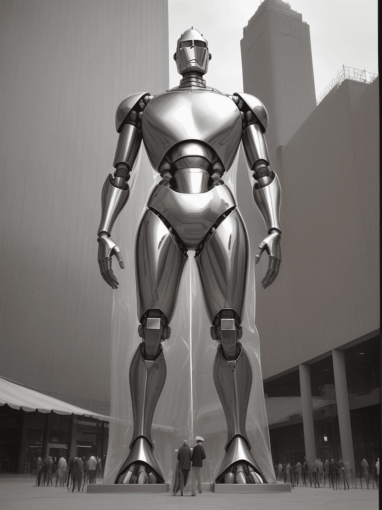 AI generated: tall giant in the piazza from an old photograph, clear plastic wrap outside, steel robot frame insid...