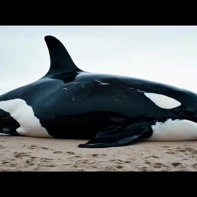 AI generated video: A hyper-realistic video of a massive orca stranded on a sandy beach. Suddenly, the orca's body start...