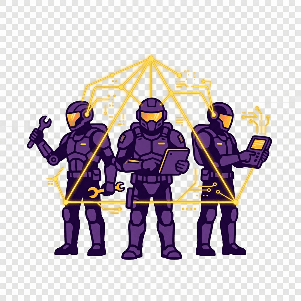AI generated: "3 futuristic worker silhouettes connected by golden (#FFD700) network lines, purple armor, flat ico...