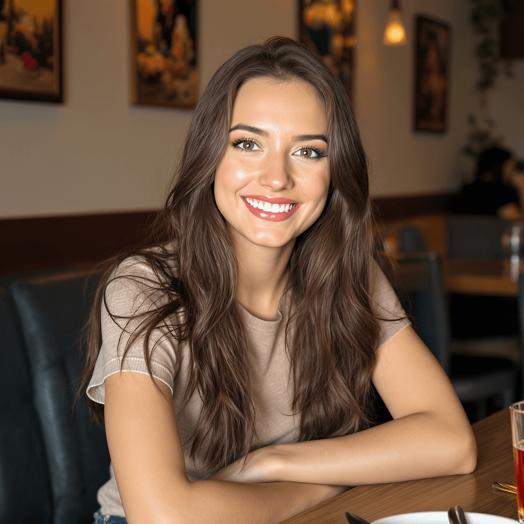 AI generated: A 21 year old woman facial protrait with stunning long brunette hair leans casually against a table ...