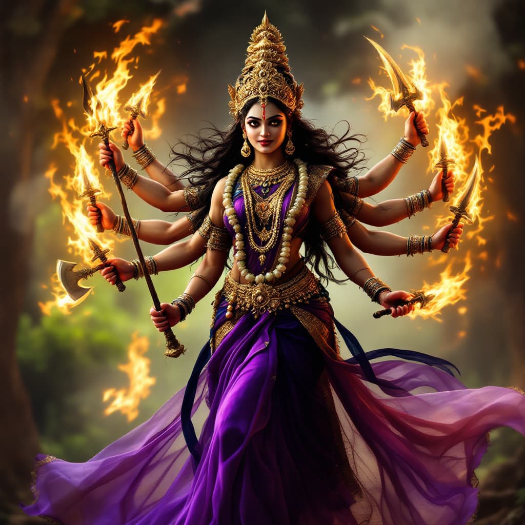 AI generated: an ultra-realistic, full-body portrait of a captivating Devi durga with 10 hands wach carrying weapo...