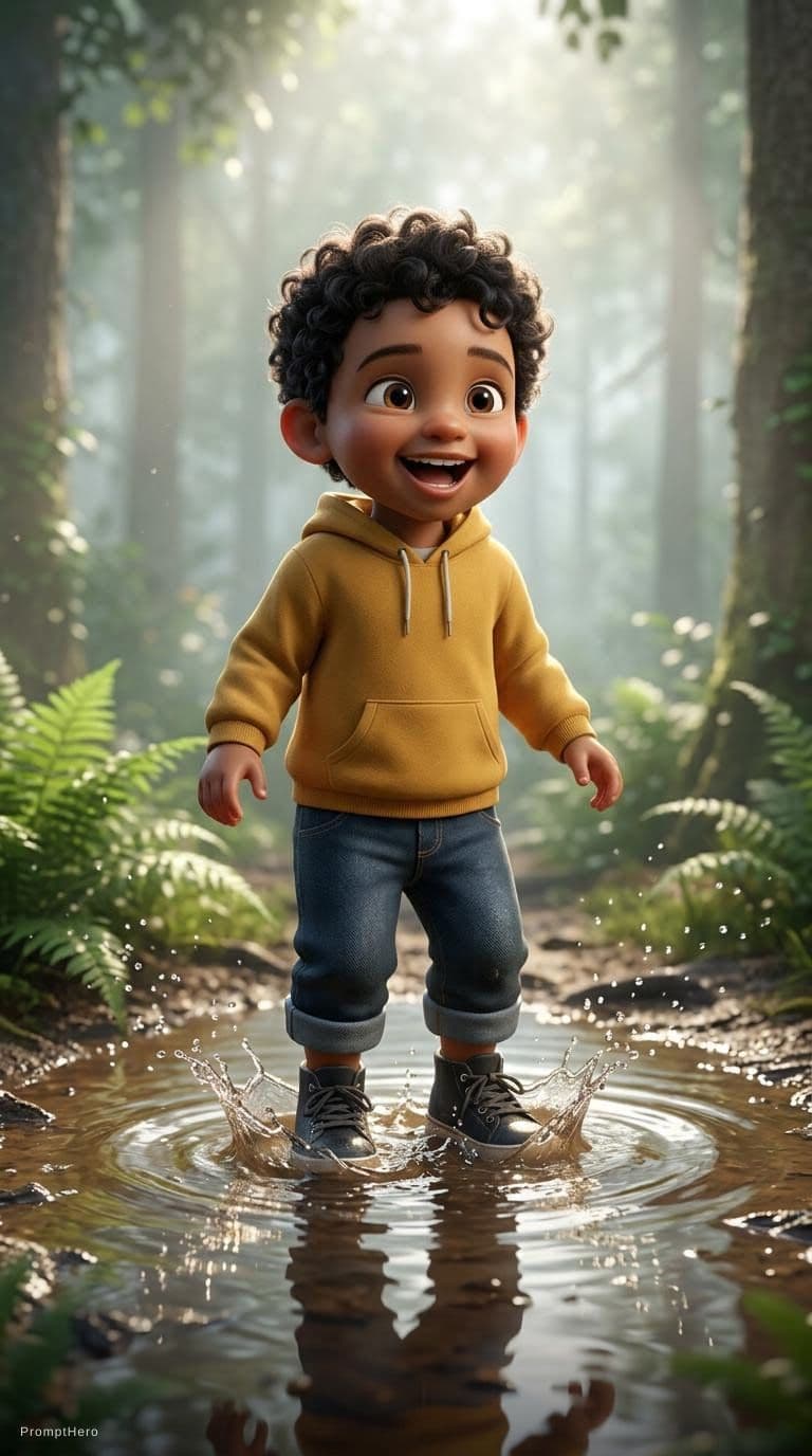 AI generated: Cute stylized 3D little boy standing in a shallow muddy puddle in a misty forest, close-up on boots ...