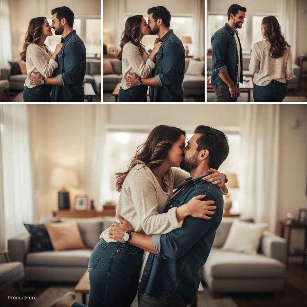AI generated: Wife and husband initially standing close, wife slowly kisses her husband then turns and starts to w...