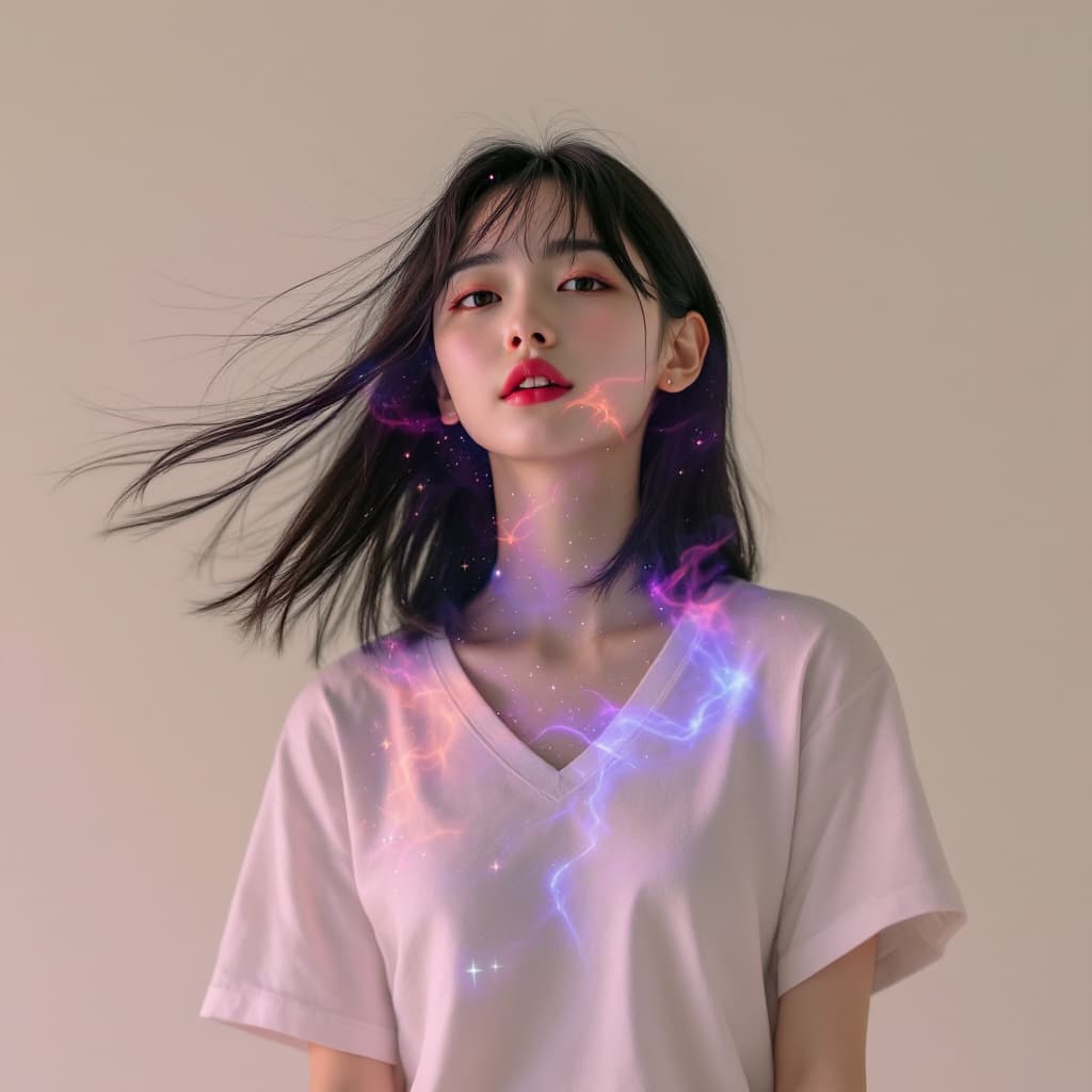 AI generated:  In high definition, trippy, a cosmic background, surrealistic, photo of an Asian girl with long hai...