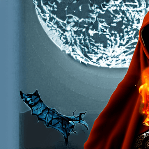 AI generated: a desiccated norse draugr with flaming blue eyes and a cloak in a dark moonlit background
