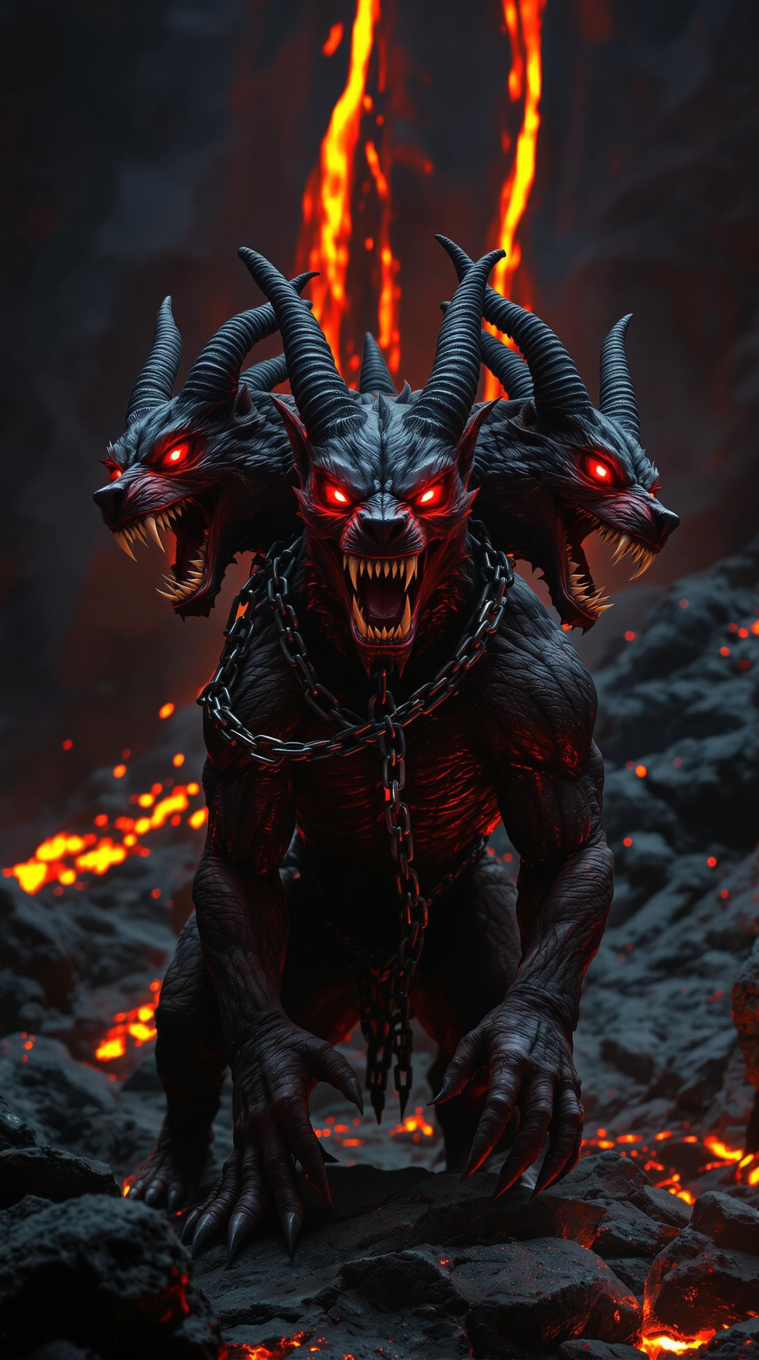 AI generated: Shot with a Panasonic Lumix GH7, The image depicts a three-headed dog, reminiscent of mythological c...