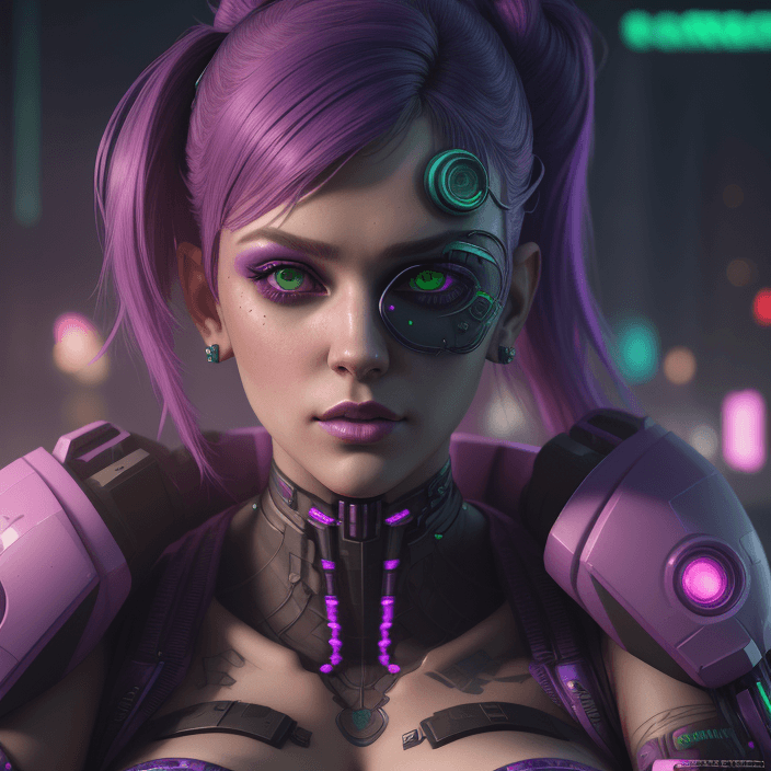 AI generated:  gorgeous cyberpunk woman close up. sitting pretty, colors purple pink green, intricate artwork. oct...