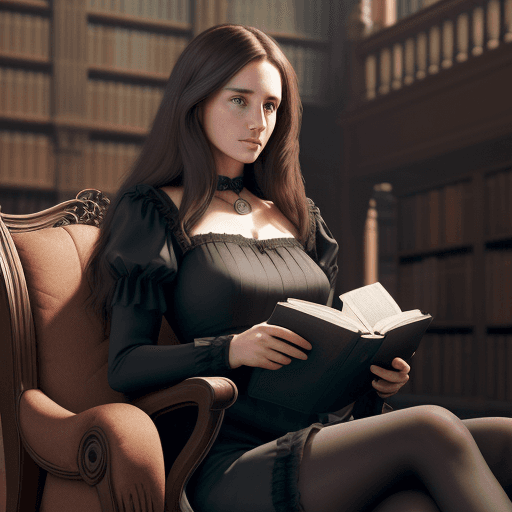 AI generated: a thirty-year-old brown-haired woman with chest-length hair sitting in an old library reading a book...