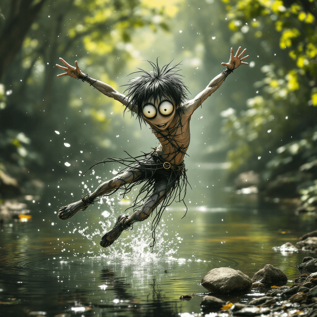 AI generated: an extremely skinny wiry punk guy with huge eyes, chopped shaggy hair, strange, no shoes, no shirt, ...