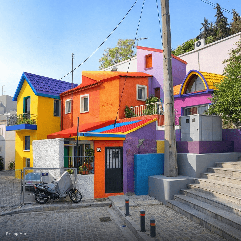 AI generated: Transform the rooftops and the colours of the buildings. Use various materials, shapes, angles and v...
