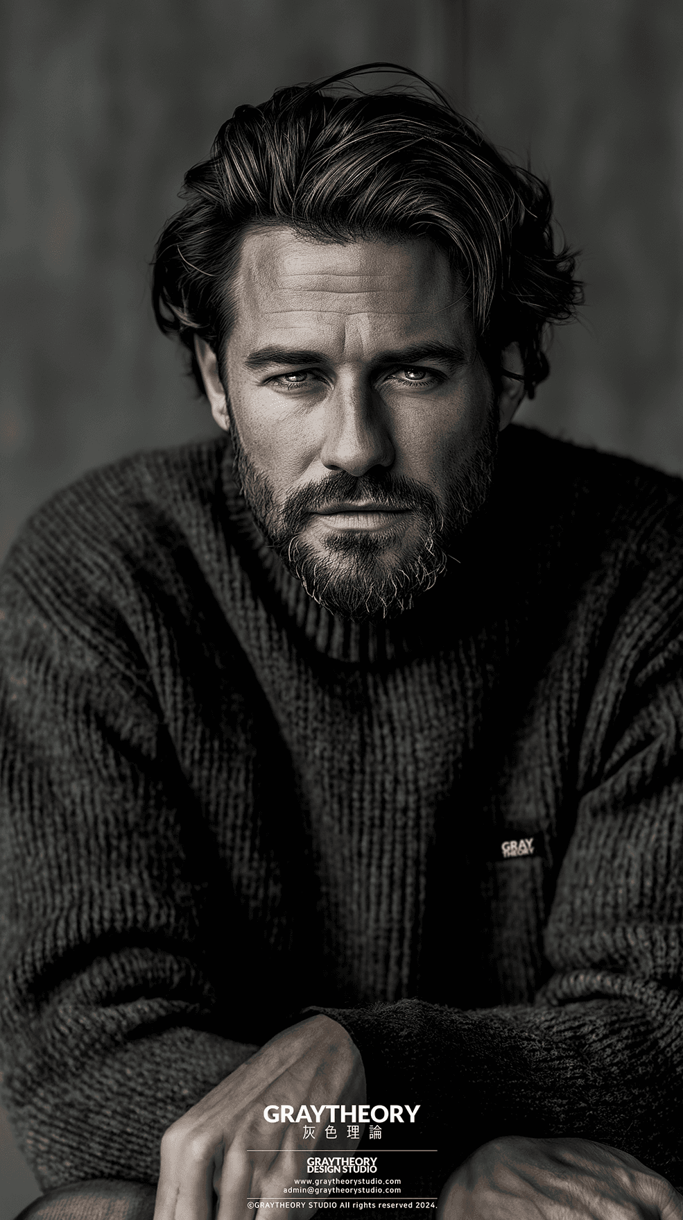 AI generated: sweater, man model, long hairstyle, beard, resting on a sleek surface, the sweater is crafted from a...