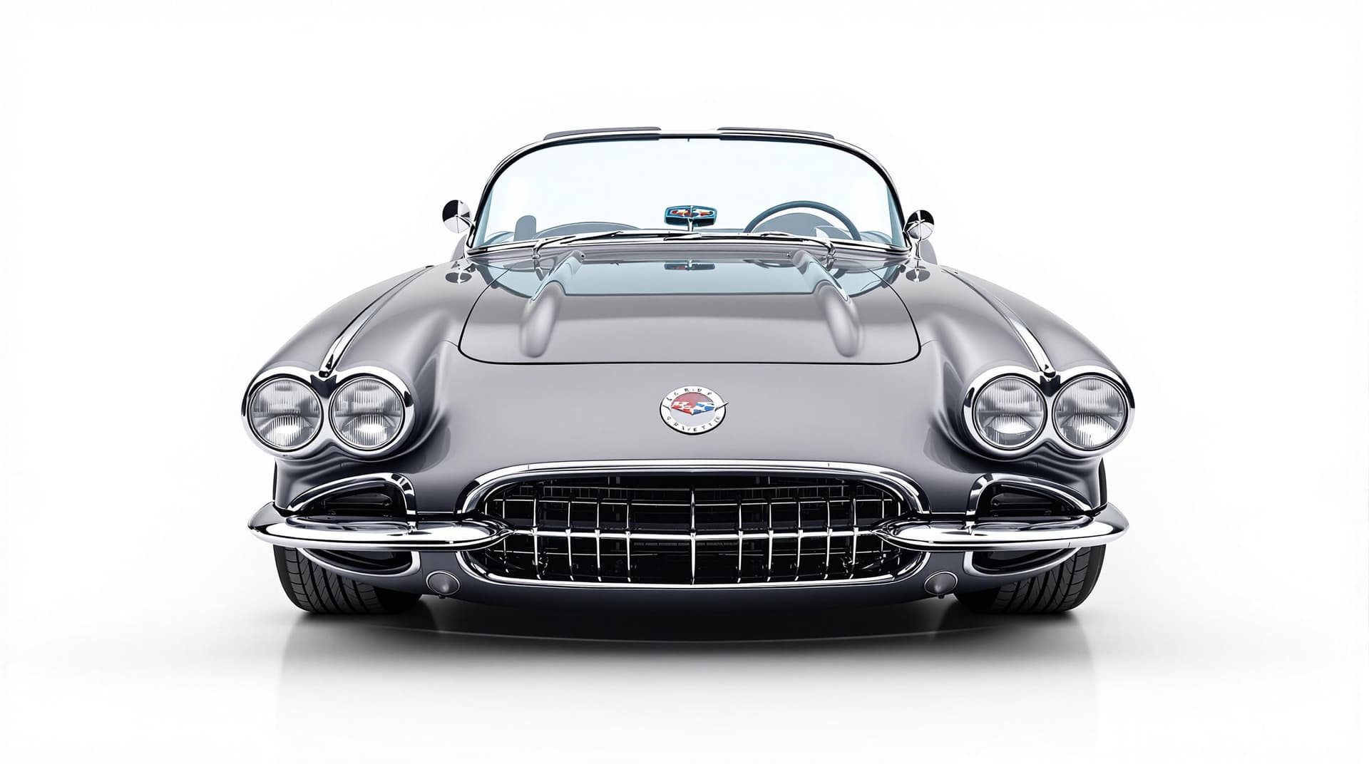 AI generated: Hyper realistic 1959 chevy corvette convertible, top front side view, gray color, restomod with 20" ...