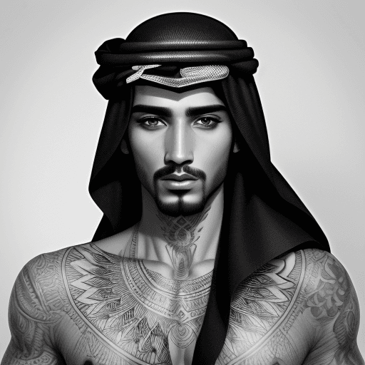 AI generated: Arabian man, detailed black and white drawing in the style of old school tattoo art 