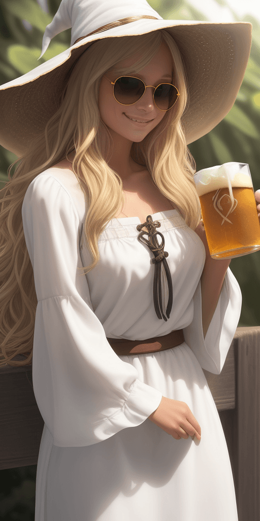 AI generated: solo focus, 1 girl, beautiful American girl, (long wavy Blonde hair), (wearing a white peasant blous...