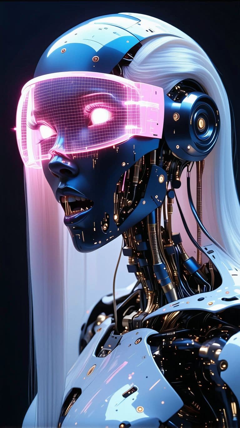 AI generated: robotic woman with long metallic fangs as teeth, with a neon pink holographic screen, long white hai...