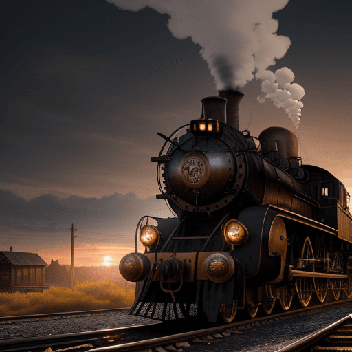 AI generated: Steam punk locomotive standing in an old railroad station, dramatic light, pale sunrise, cinematic l...