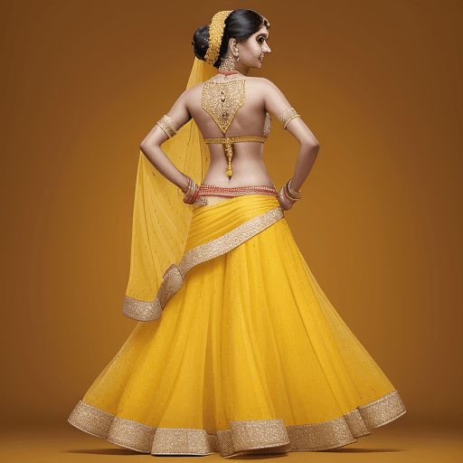 AI generated: a woman in a dazzling yellow ghagra and backless choli. The choli is held in place by thin laces.