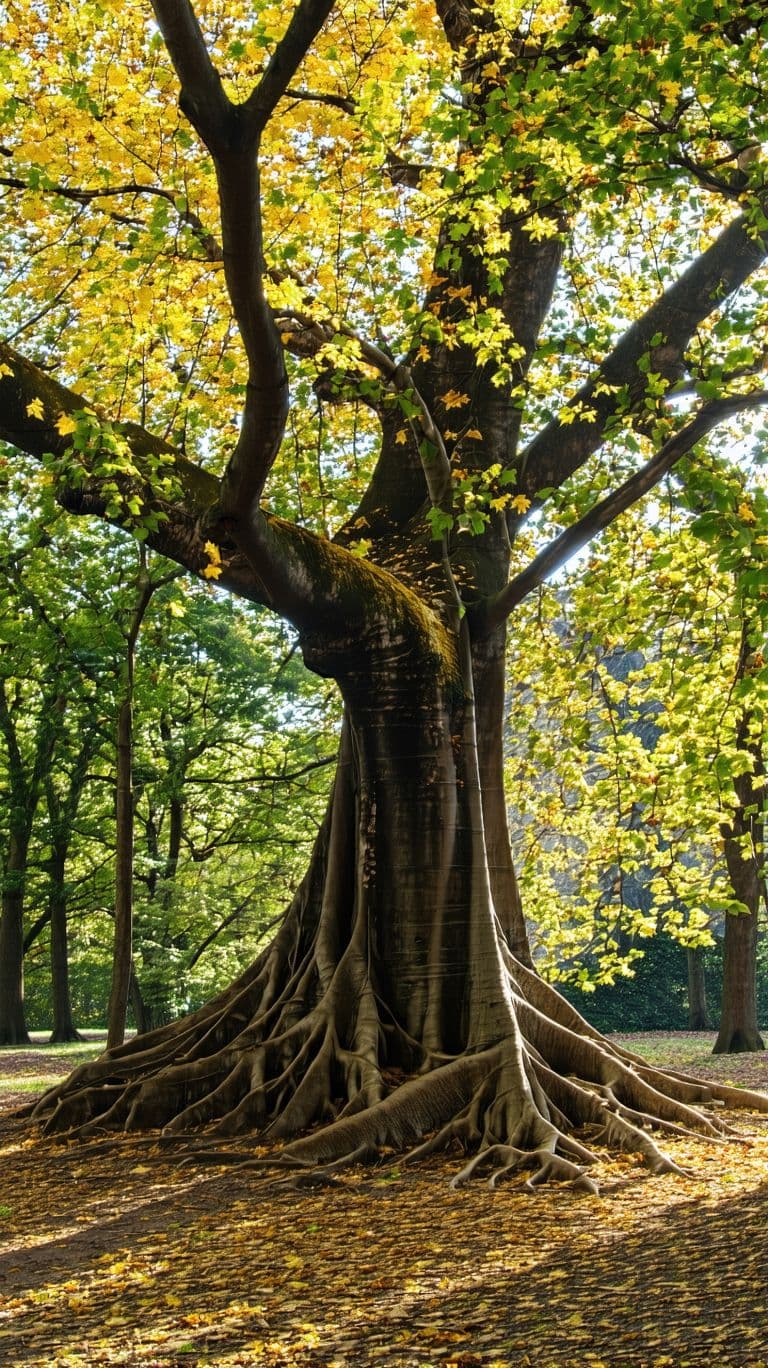 AI generated: "An ancient tree with golden leaves standing in the middle of a tranquil forest, its roots deep and ...