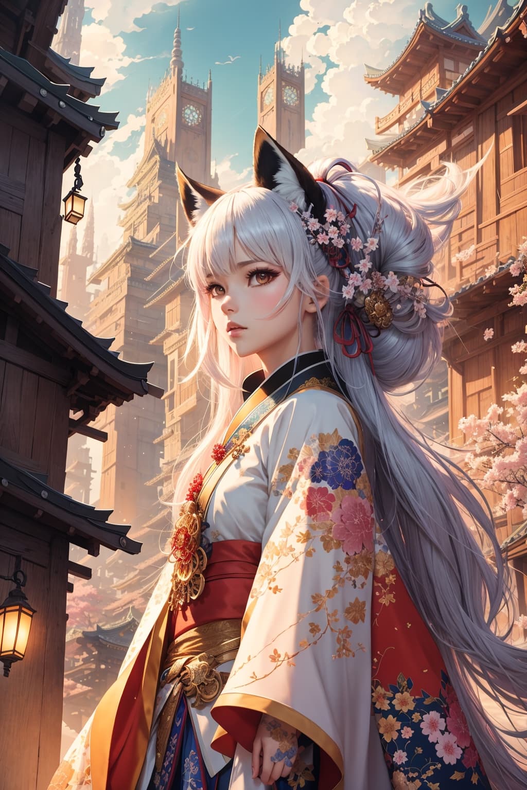 AI generated: medium shot, centered, sharp focus, Full body, 1girl, hyperdetailed, kimono, fox ears, Perfect face,...