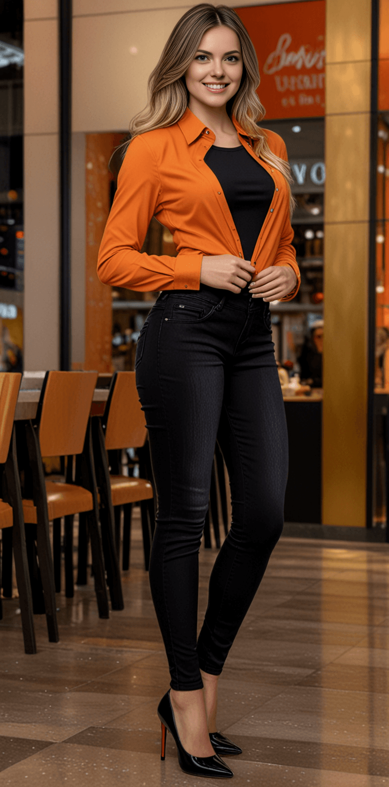 AI generated: An image of a young woman in a busy mall. She stands at a three-quarter angle to the camera, buttoni...