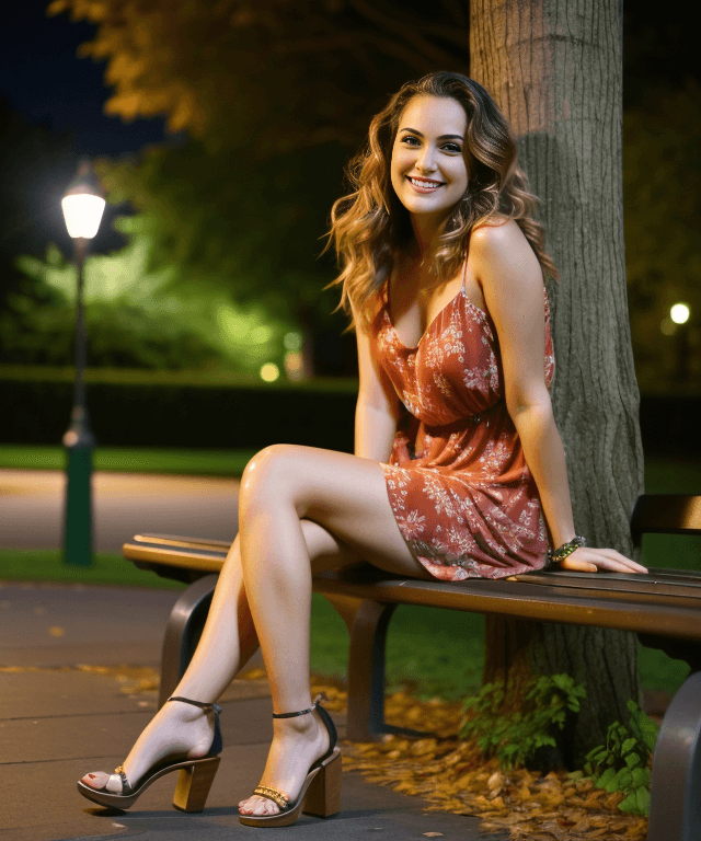 AI generated: A young woman in a park at night, with long wavy hair, smiling gently, wearing a loose dress and san...