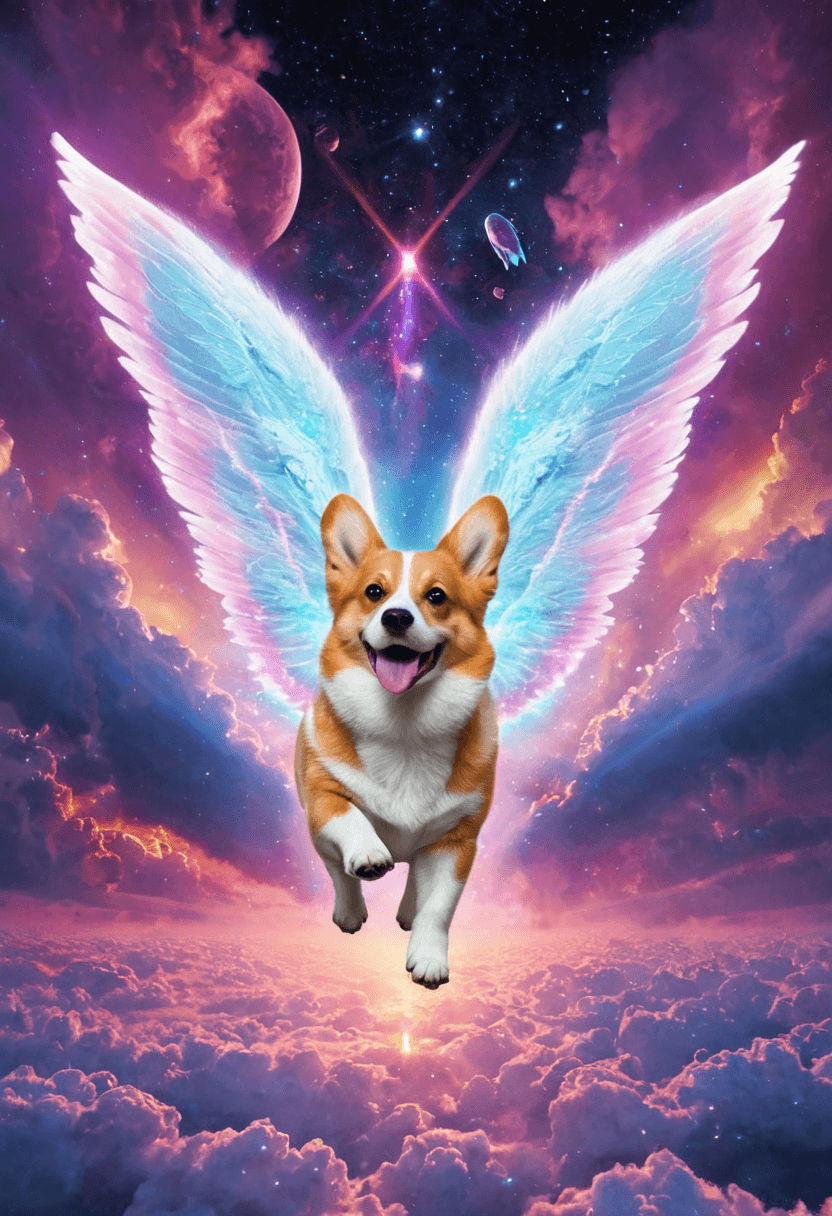 AI generated: Alien-themed A majestic corgi with angel wings gliding through the clouds, pearlescent colors reflec...